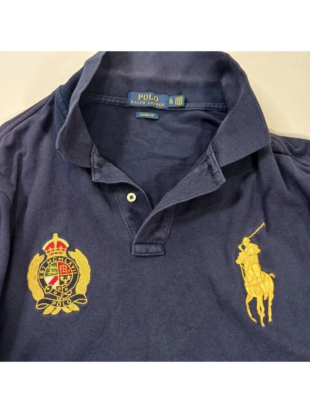 Polo Ralph Lauren Embroidered Big Logo Gold Pony Men's Blue Rare Polo Shirt XL